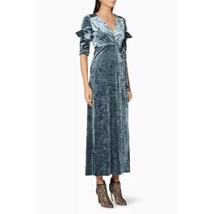 Misa Symone Wrap Dress Velvet Maxi Size XS Ruffle Sleeves Braided Sash Belt Teal